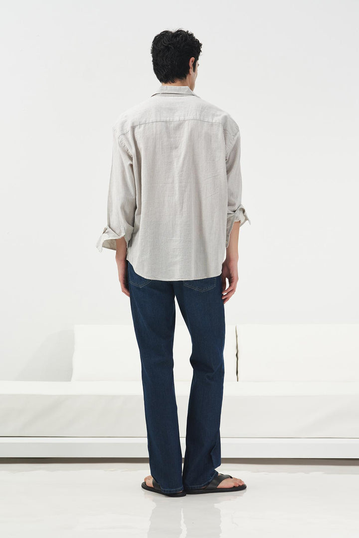 Giesto Chemise en lin bleu marine à rayures avec broderie et poches - Bleu marine