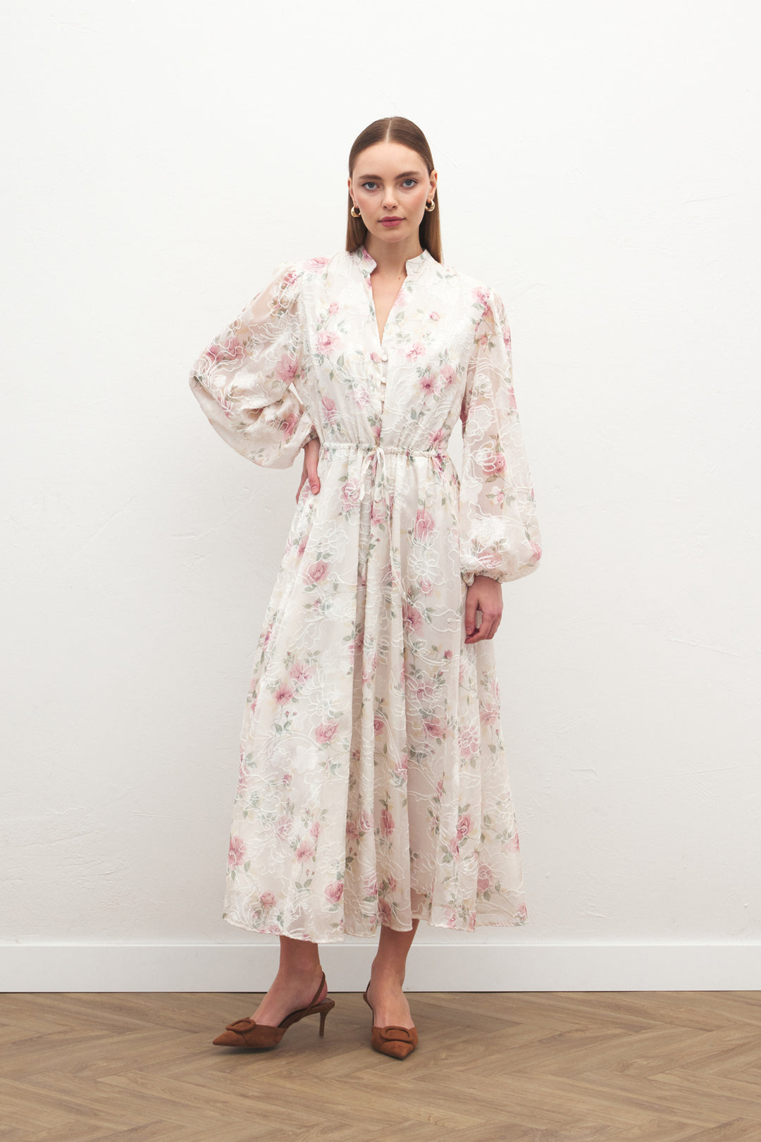 Sateen Robe Longue Brodée - Poudre
