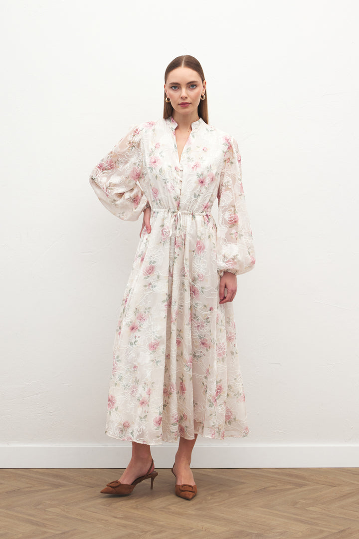 Sateen Robe Longue Brodée - Poudre