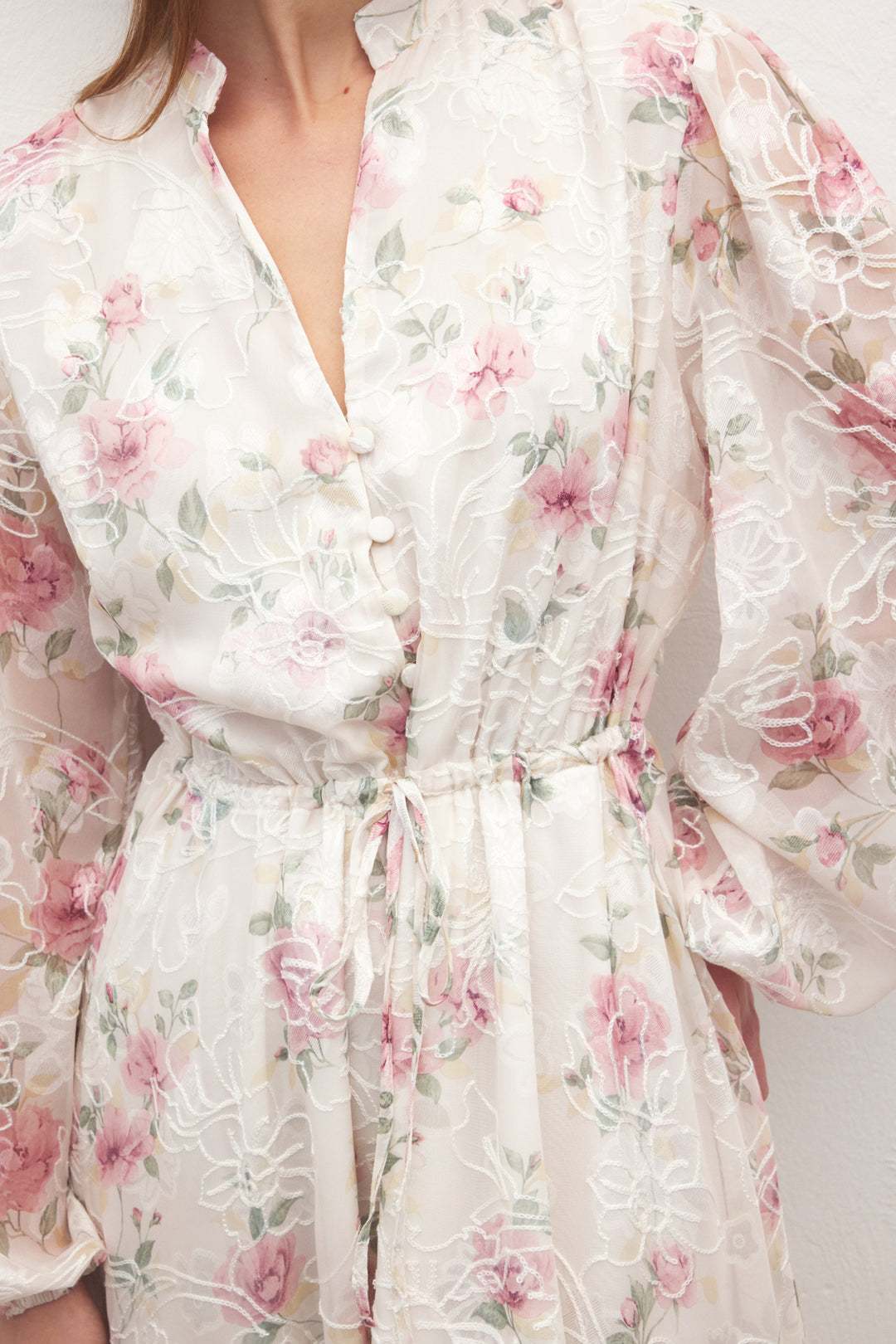 Sateen Robe Longue Brodée - Poudre