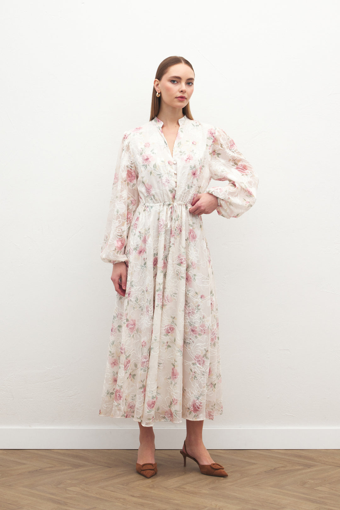 Sateen Robe Longue Brodée - Poudre