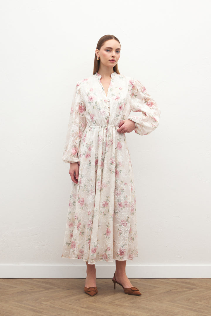 Sateen Robe Longue Brodée - Poudre