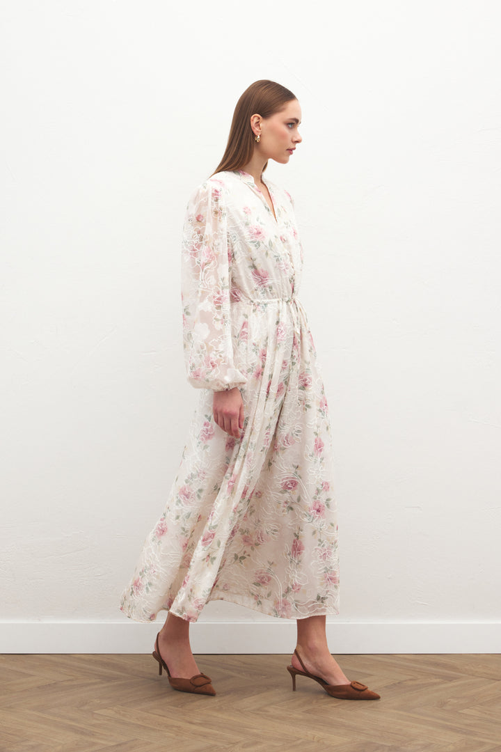 Sateen Robe Longue Brodée - Poudre