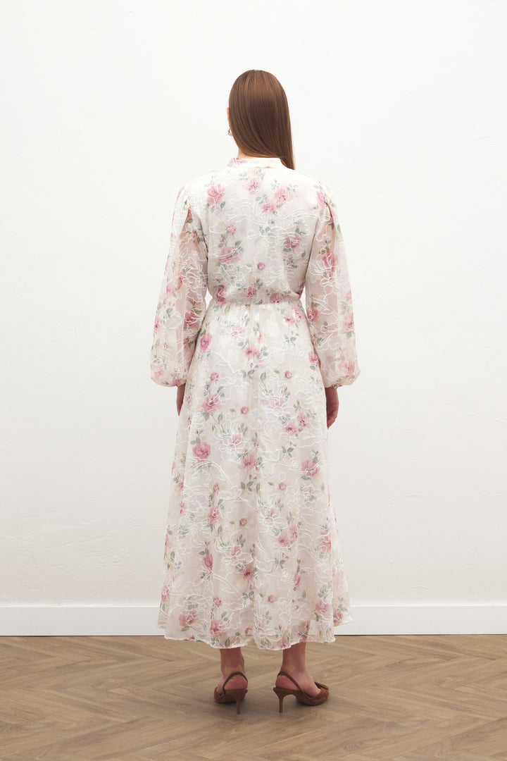 Sateen Robe Longue Brodée - Poudre