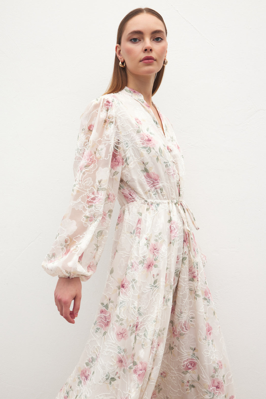 Sateen Robe Longue Brodée - Poudre