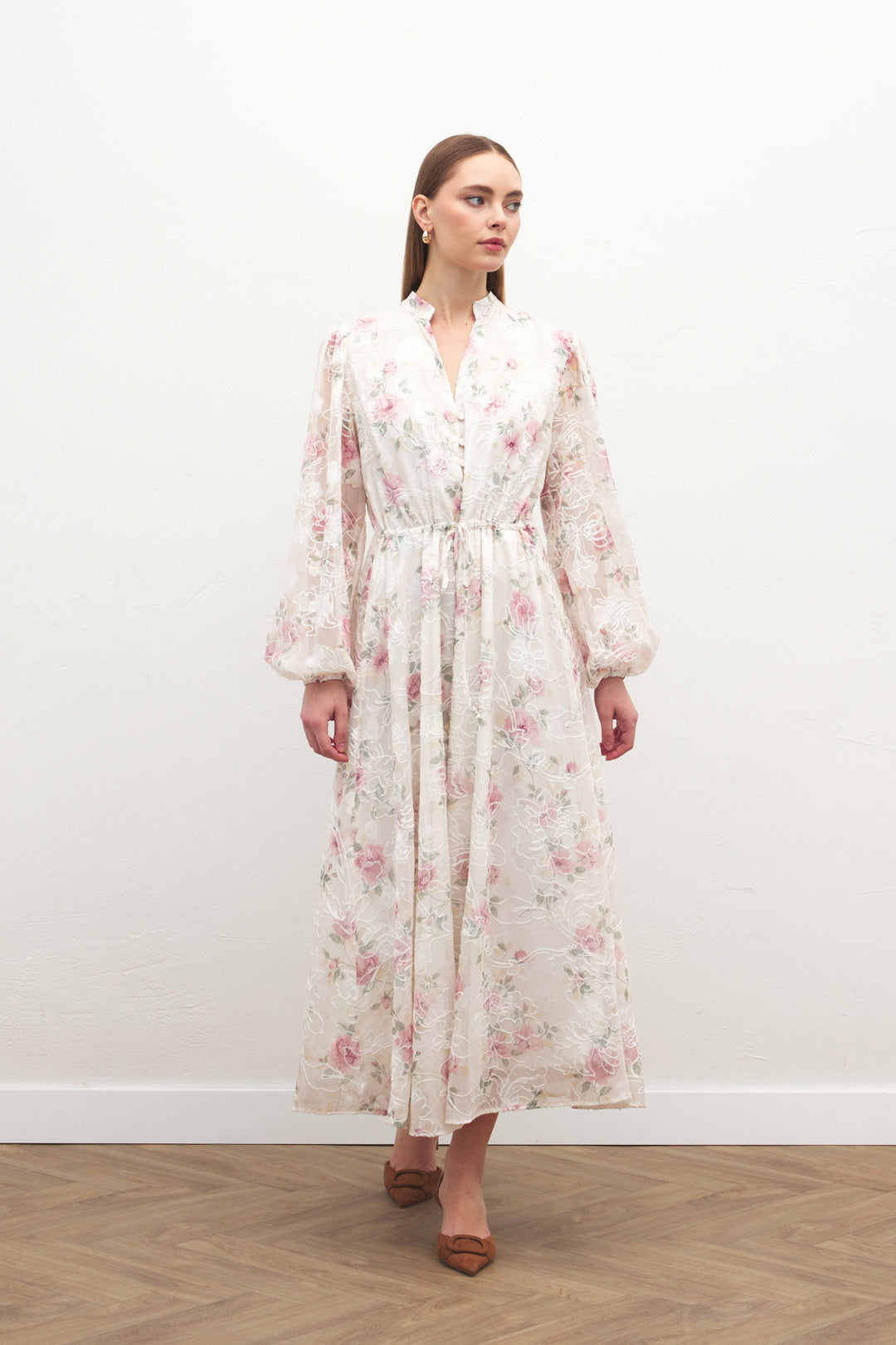 Sateen Robe Longue Brodée - Poudre