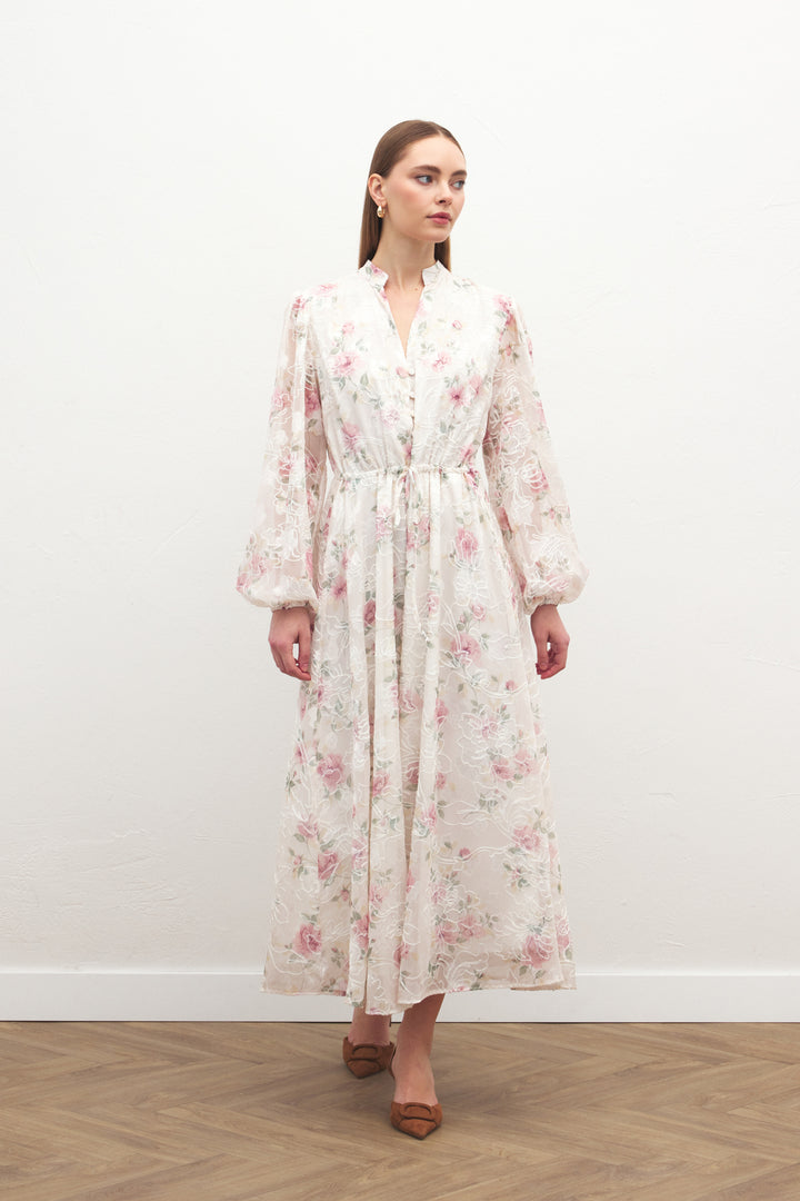 Sateen Robe Longue Brodée - Poudre