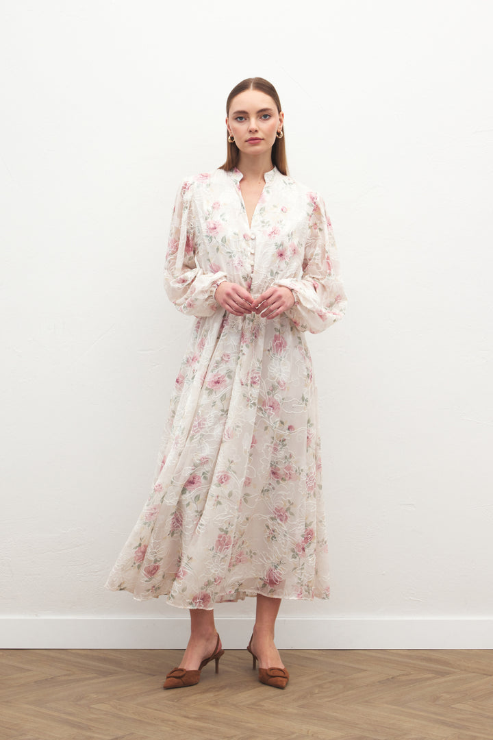 Sateen Robe Longue Brodée - Poudre