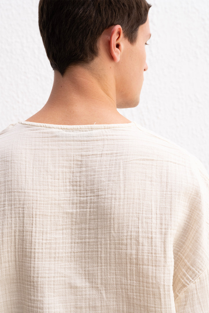 Giesto T-Shirt Beige Texturé Brodé - Beige
