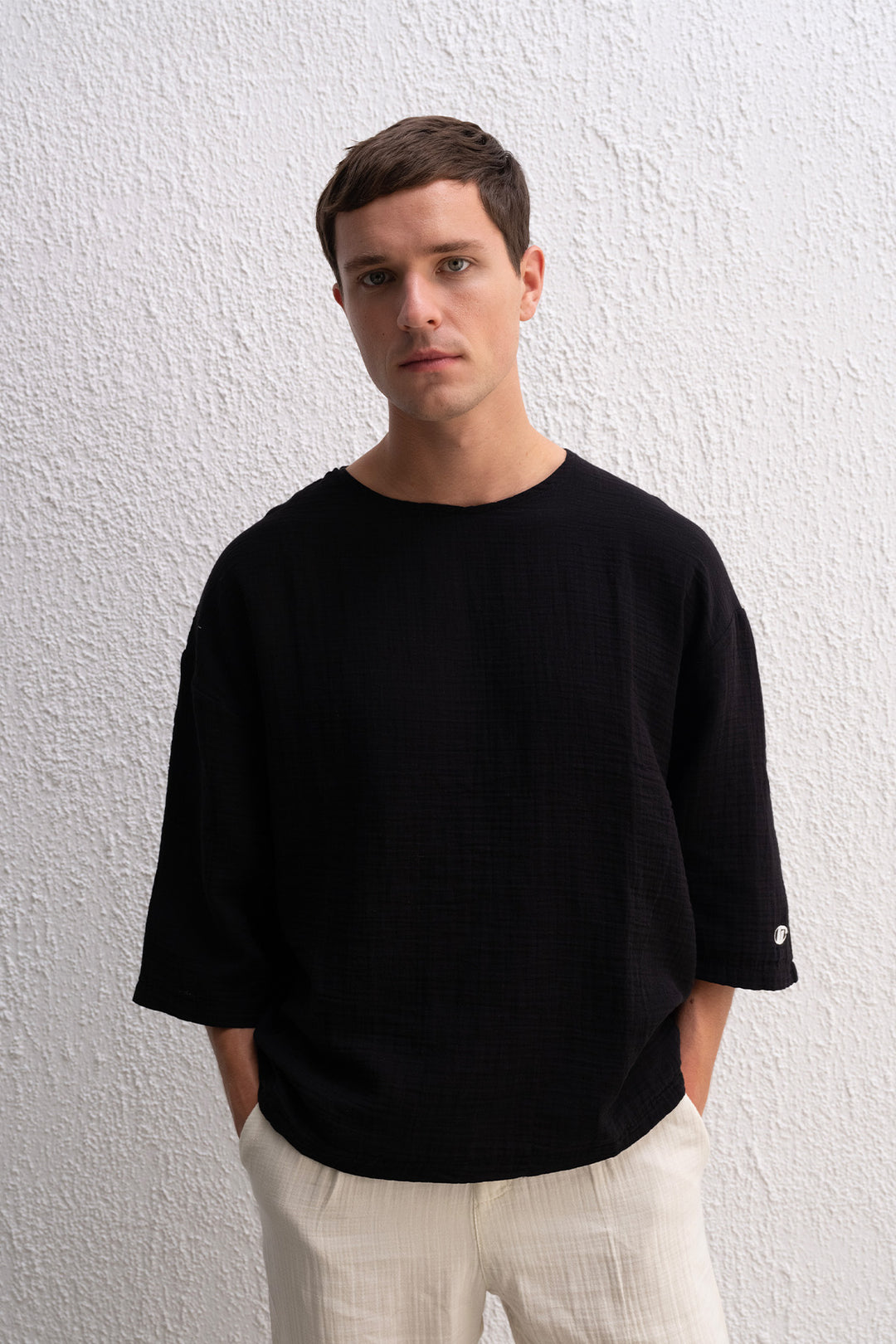 Giesto T-Shirt Noir Texturé Brodé - Noir