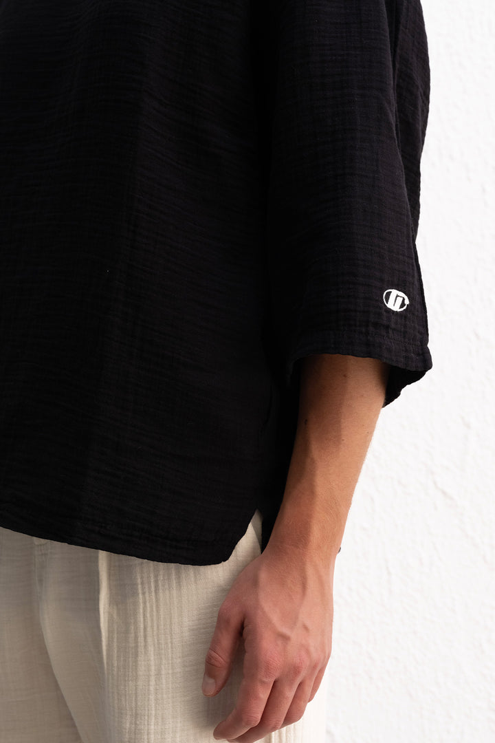 Giesto T-Shirt Noir Texturé Brodé - Noir