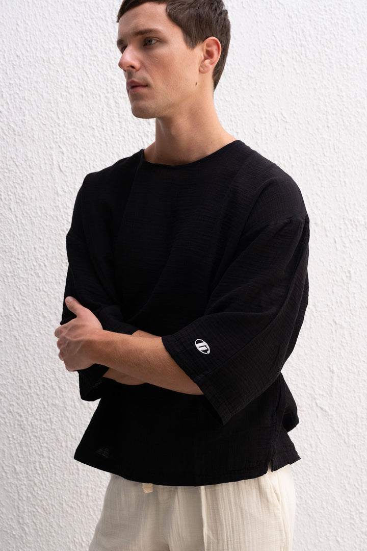 Giesto T-Shirt Noir Texturé Brodé - Noir