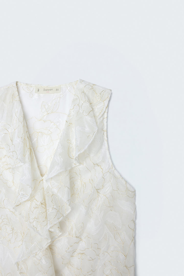 Sateen Blouse transparente avec volants brodés - Écru