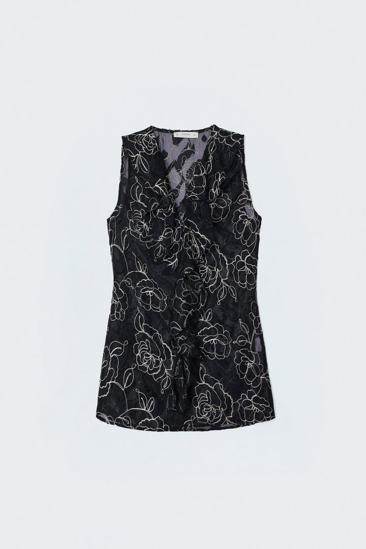Sateen Blouse transparente avec détails en volants brodés - Noir