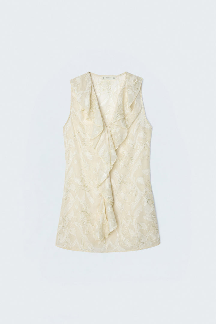 Sateen Blouse transparente avec détails en volants brodés - Beige