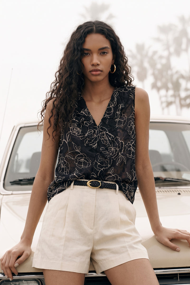 Sateen Blouse transparente avec détails en volants brodés - Noir