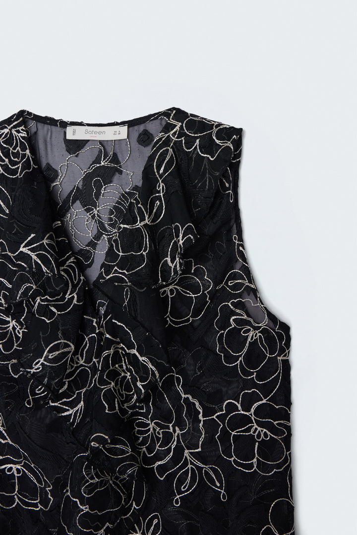 Sateen Blouse transparente avec détails en volants brodés - Noir