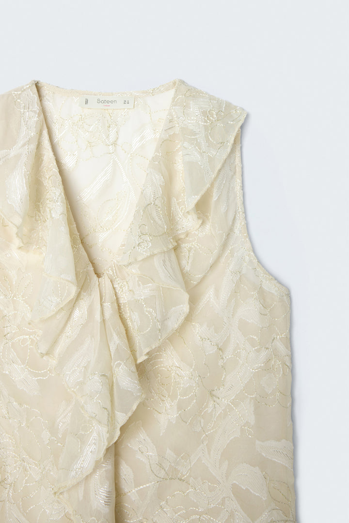 Sateen Blouse transparente avec détails en volants brodés - Beige