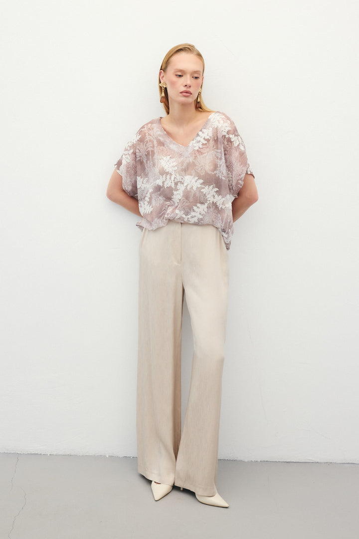 Sateen Blouse à Manches Courtes Brodée - camel