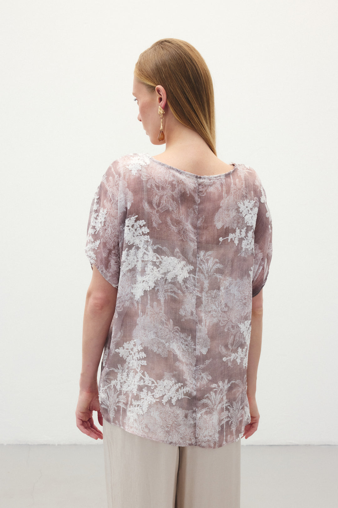 Sateen Blouse à Manches Courtes Brodée - camel