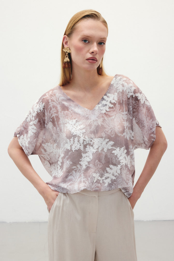 Sateen Blouse à Manches Courtes Brodée - camel