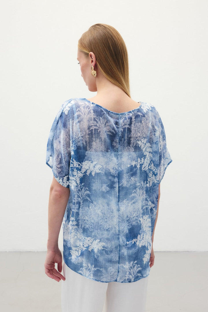 Sateen Blouse à Manches Courtes Brodée - Indigo