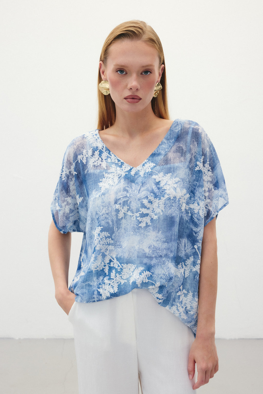Sateen Blouse à Manches Courtes Brodée - Indigo