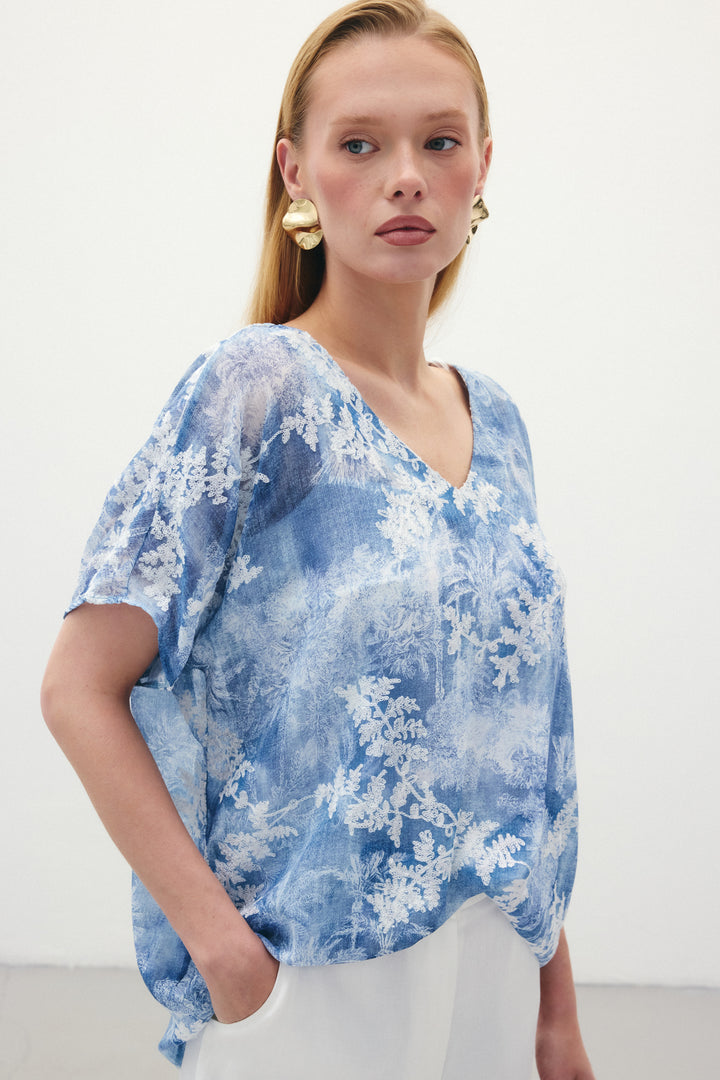 Sateen Blouse à Manches Courtes Brodée - Indigo