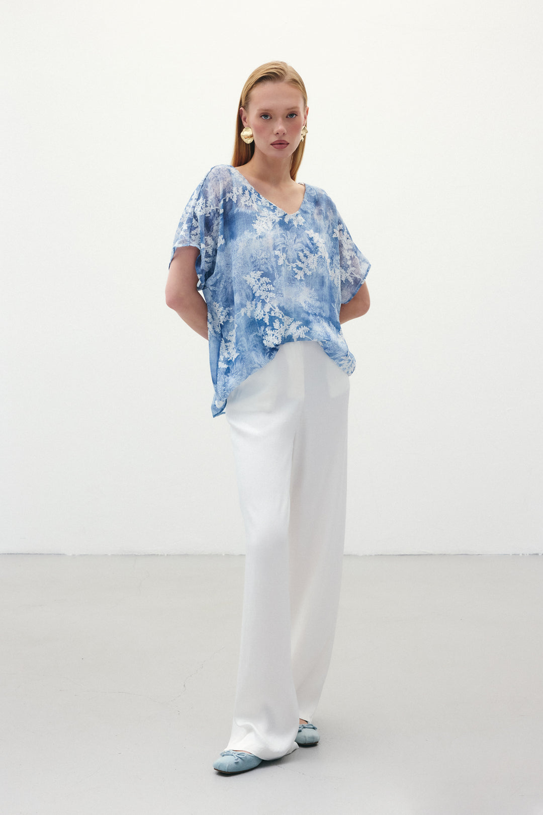 Sateen Blouse à Manches Courtes Brodée - Indigo