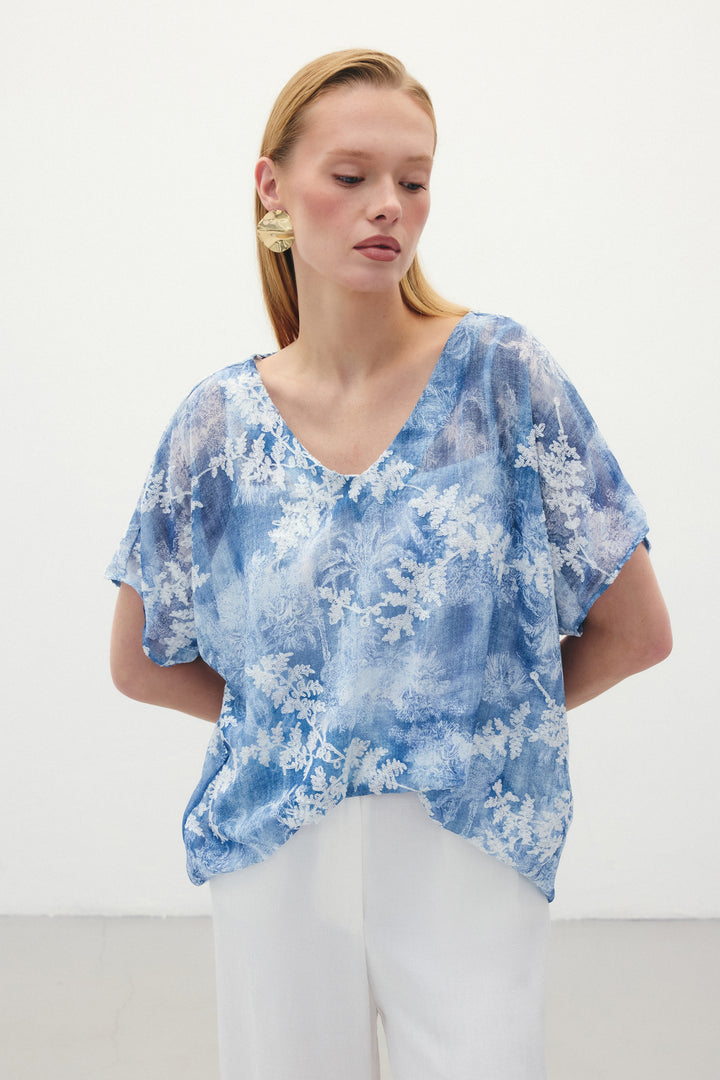 Sateen Blouse à Manches Courtes Brodée - Indigo