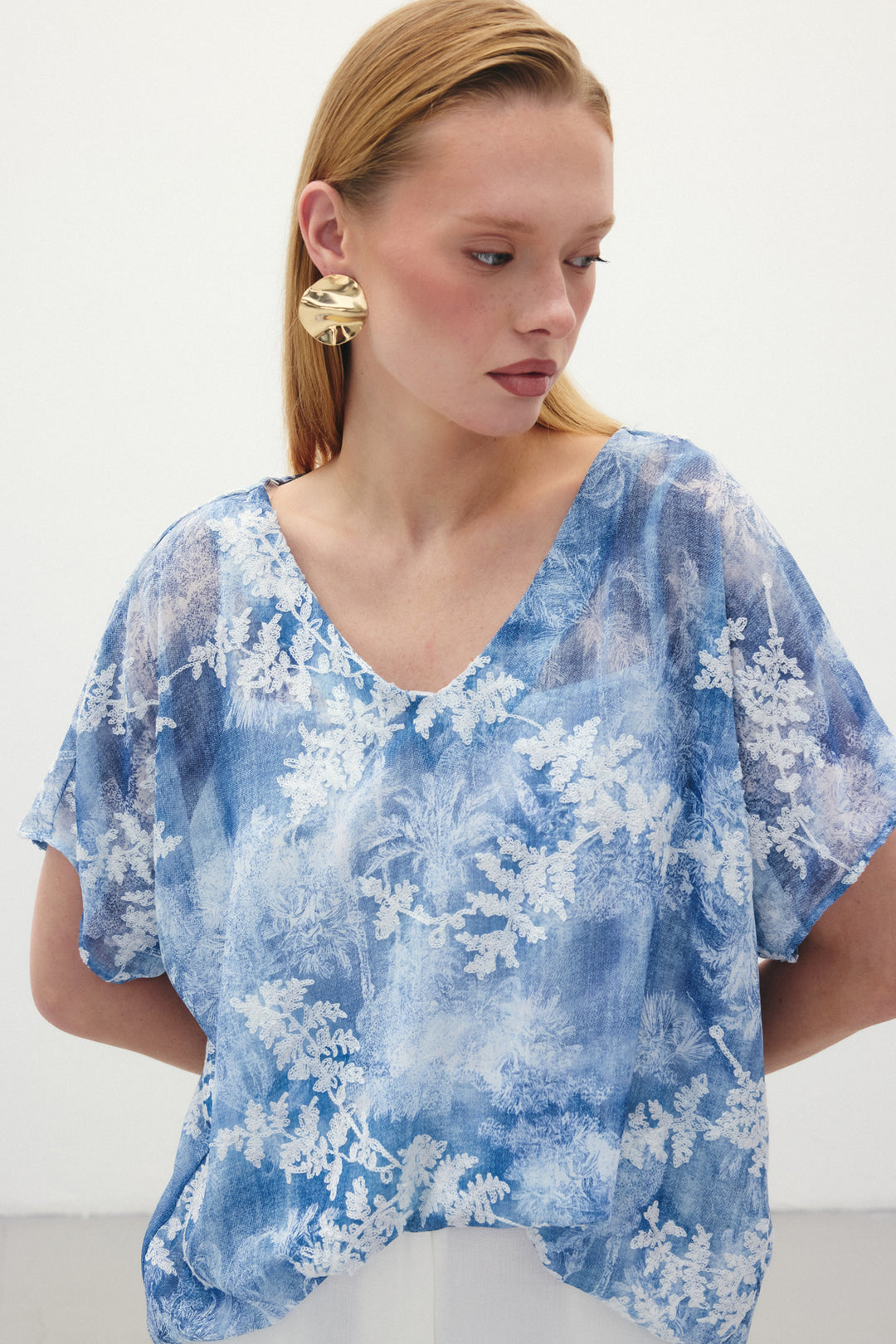 Sateen Blouse à Manches Courtes Brodée - Indigo