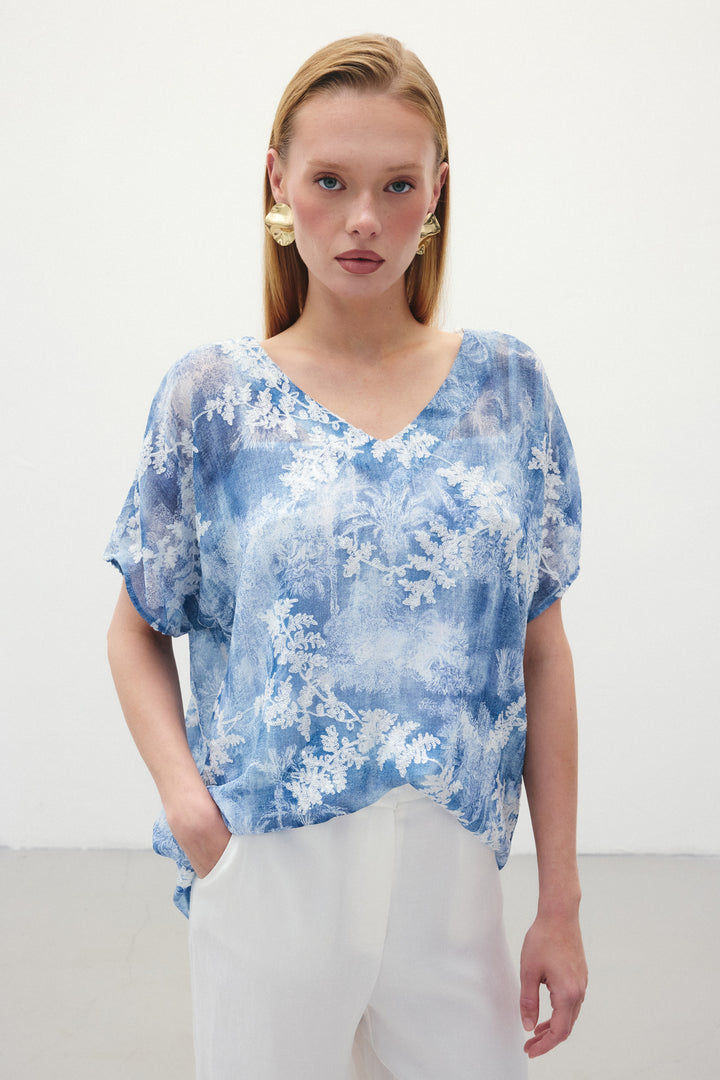Sateen Blouse à Manches Courtes Brodée - Indigo