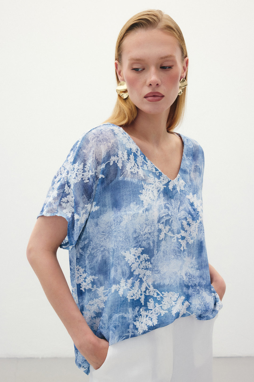 Sateen Blouse à Manches Courtes Brodée - Indigo