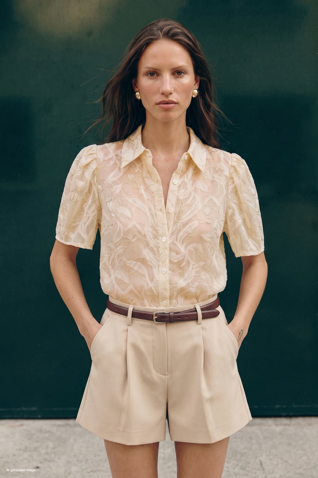 Sateen Chemise à Manches Courtes Brodée - Beige