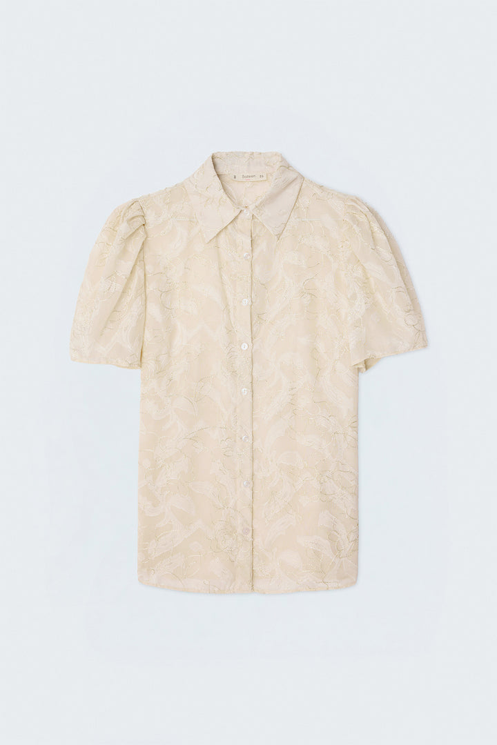Sateen Chemise à Manches Courtes Brodée - Beige
