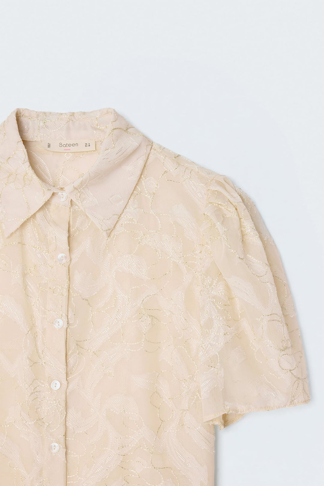 Sateen Chemise à Manches Courtes Brodée - Beige