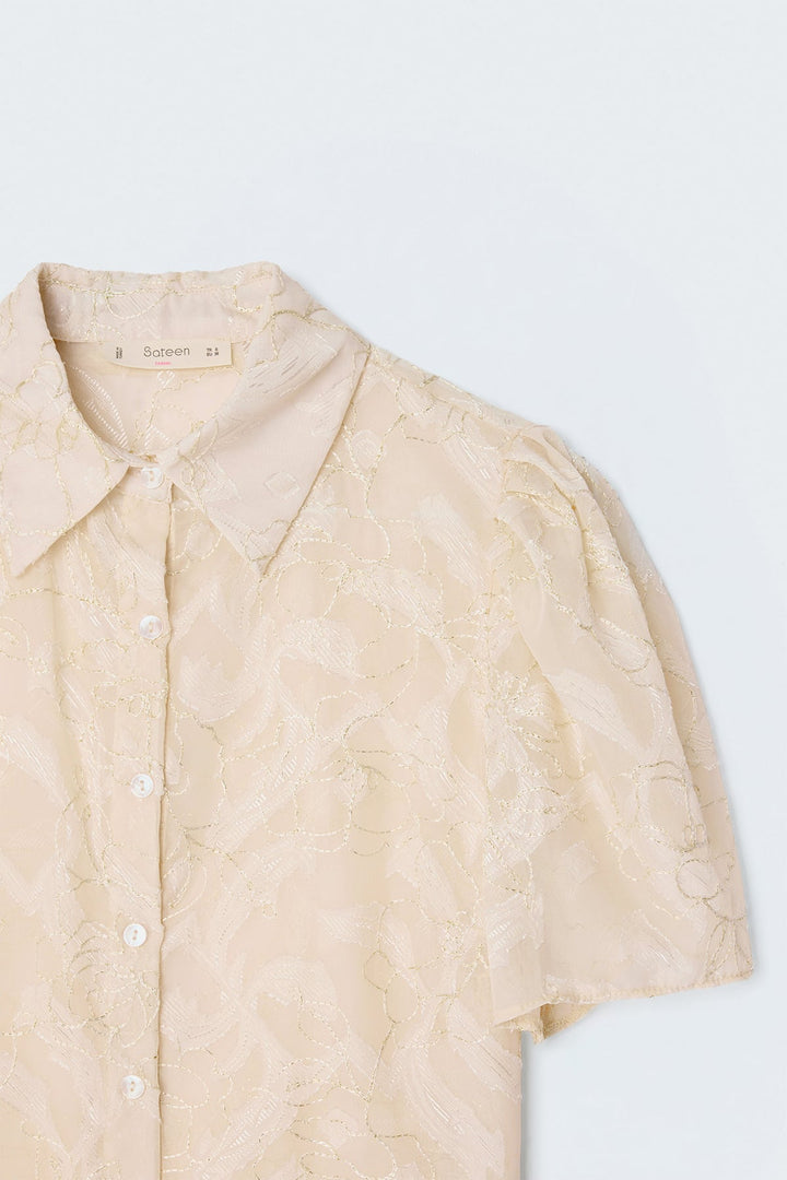 Sateen Chemise à Manches Courtes Brodée - Beige