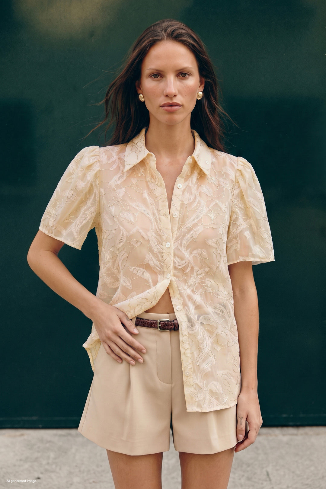 Sateen Chemise à Manches Courtes Brodée - Beige