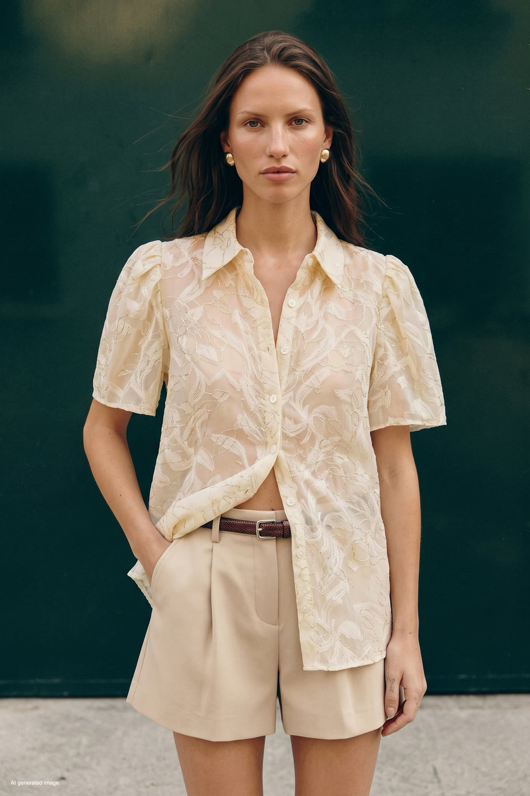 Sateen Chemise à Manches Courtes Brodée - Beige