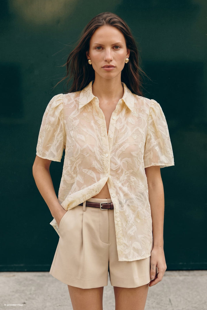 Sateen Chemise à Manches Courtes Brodée - Beige