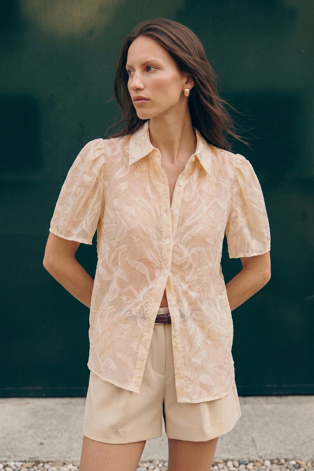 Sateen Chemise à Manches Courtes Brodée - Beige