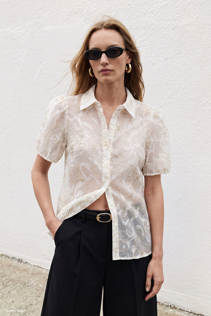 Sateen Chemise à Manches Courtes Brodée - Écru