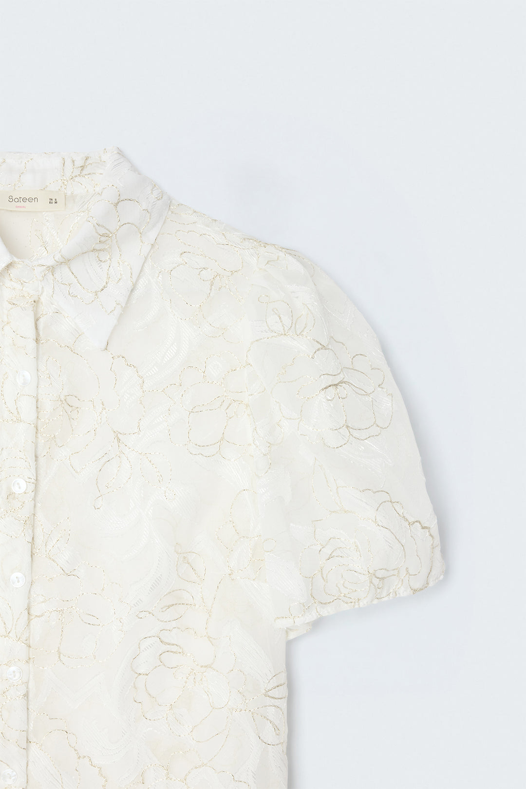 Sateen Chemise à Manches Courtes Brodée - Écru