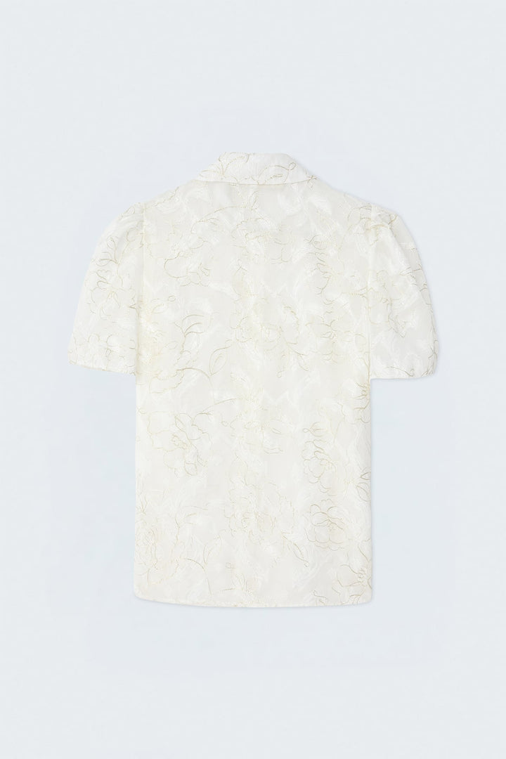 Sateen Chemise à Manches Courtes Brodée - Écru