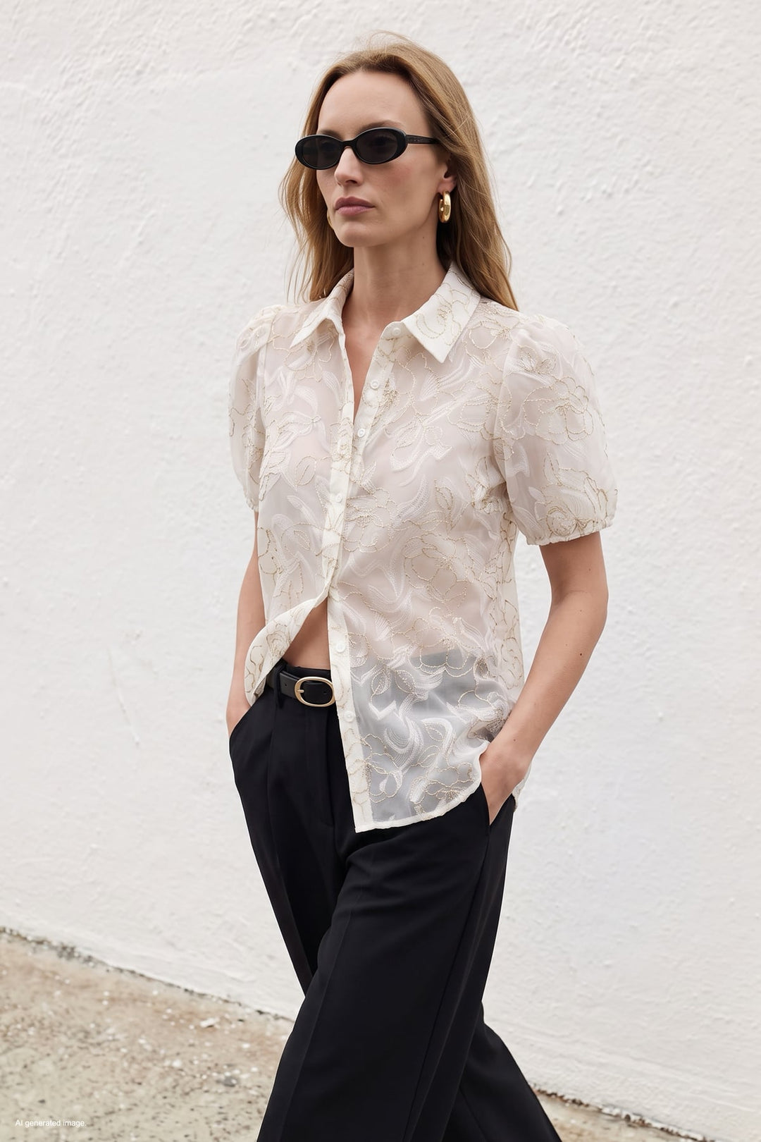 Sateen Chemise à Manches Courtes Brodée - Écru