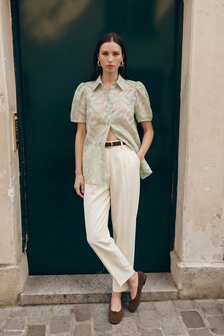 Sateen Chemise à Manches Courtes Brodée - Menthe