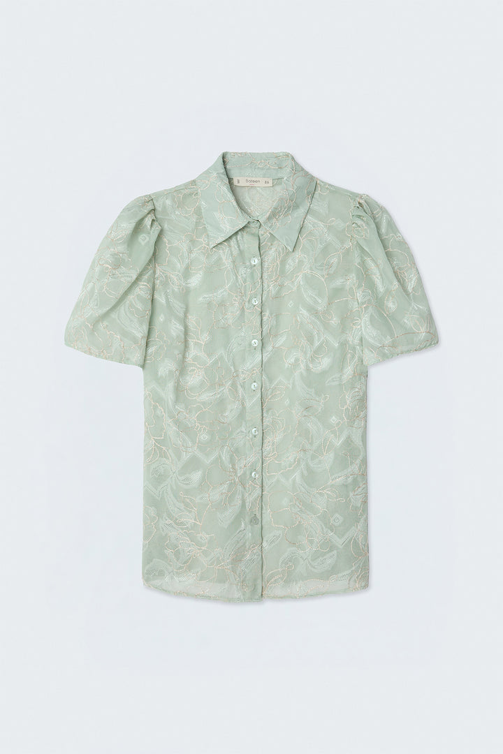 Sateen Chemise à Manches Courtes Brodée - Menthe