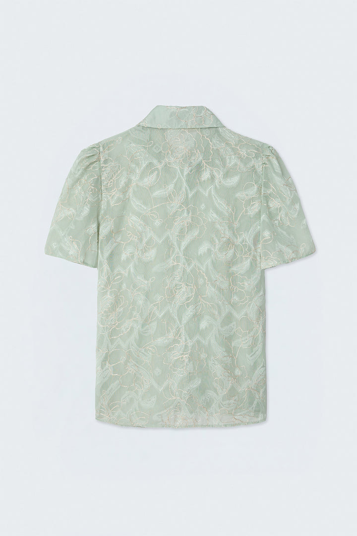 Sateen Chemise à Manches Courtes Brodée - Menthe