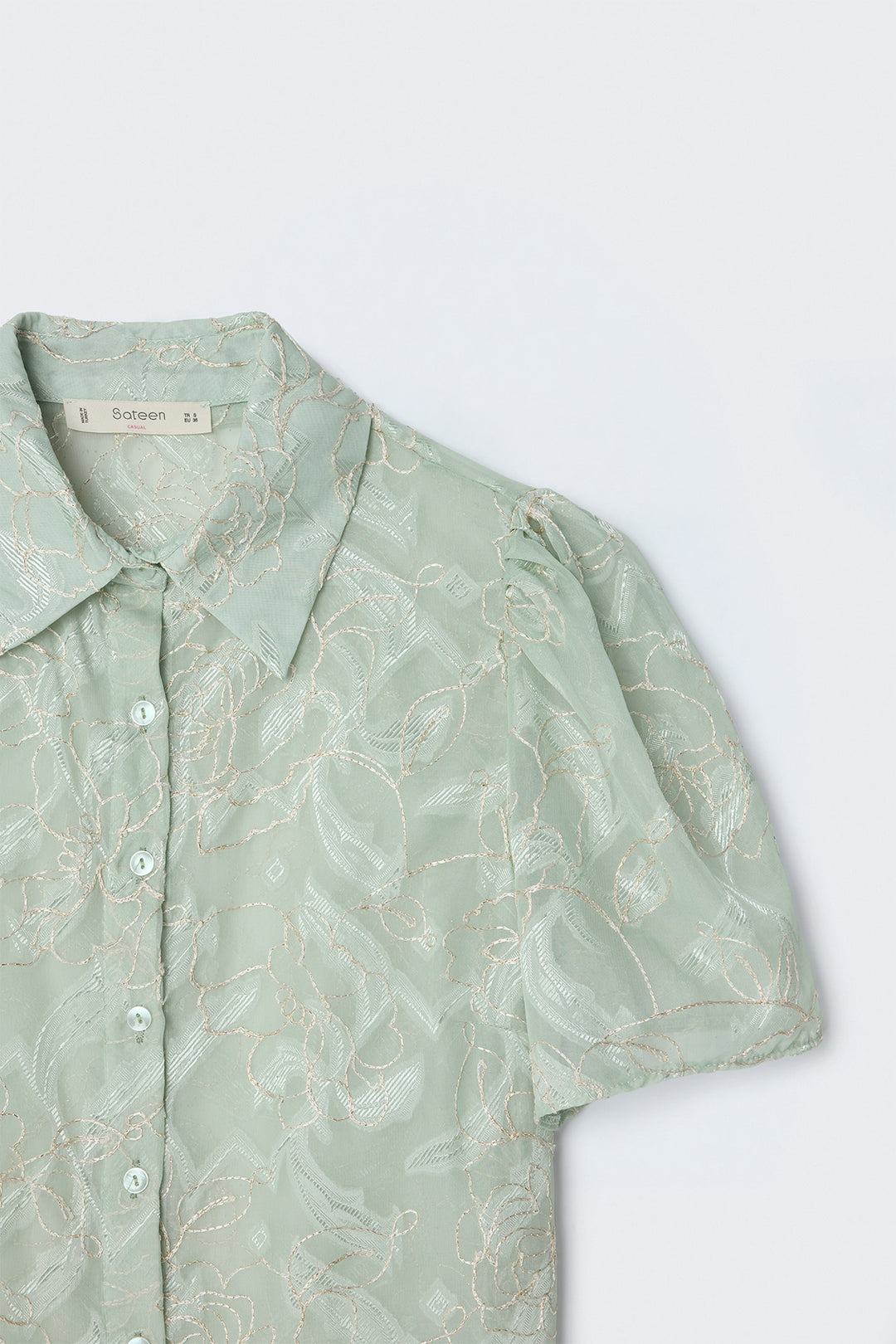 Sateen Chemise à Manches Courtes Brodée - Menthe