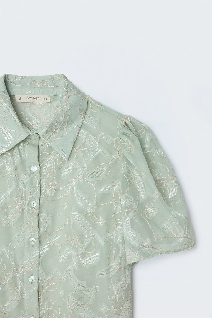 Sateen Chemise à Manches Courtes Brodée - Menthe